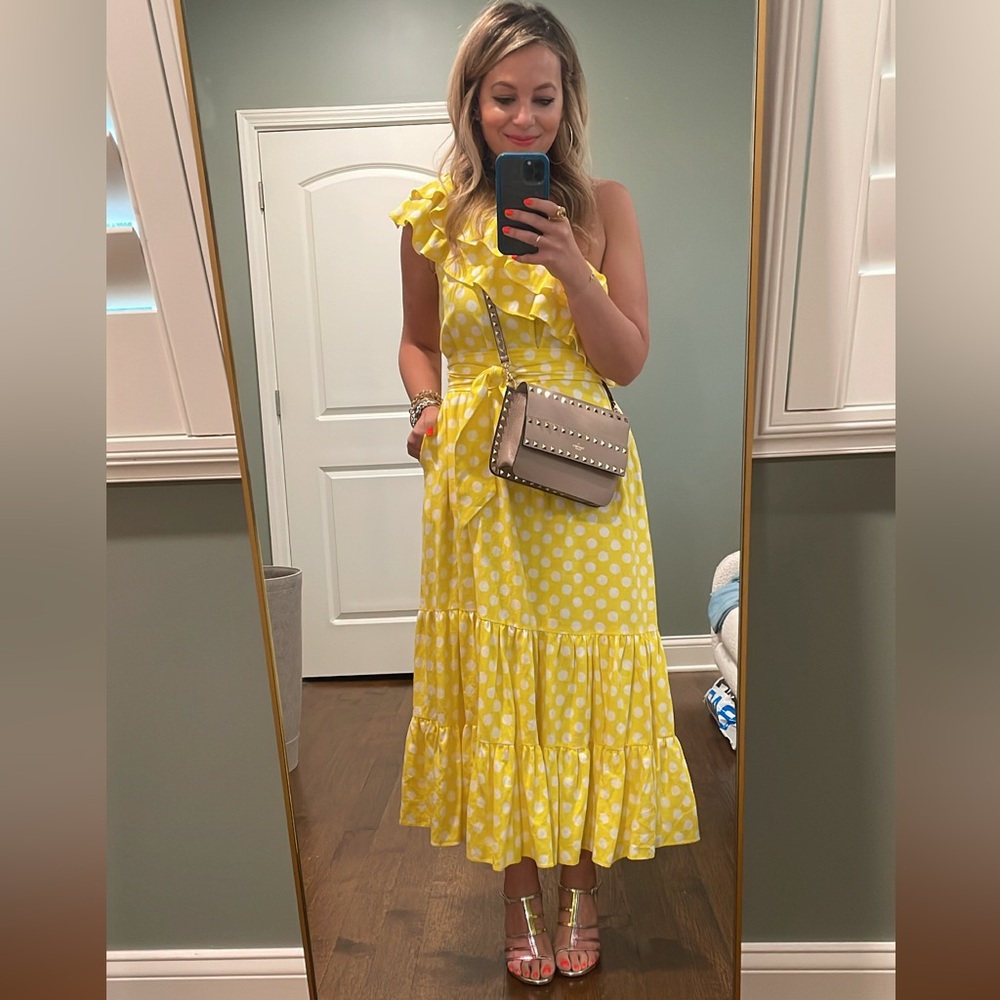 Lisa Marie Fernandez One Shoulder Yellow and White Polka Dot Dress size S